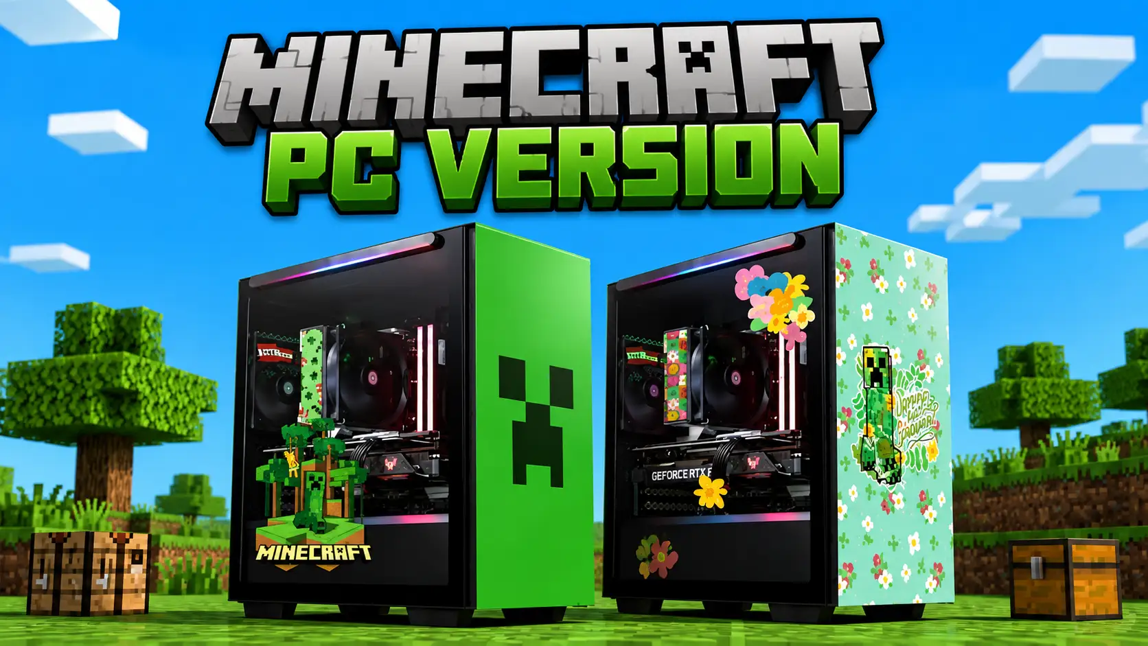 Minecraft PC version featuring two Creeper-themed gaming PCs with RGB lighting in a blocky Minecraft-style outdoor setting.